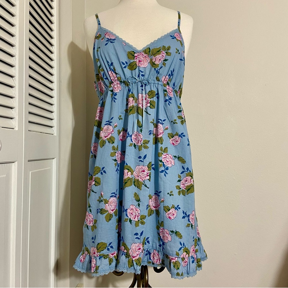 Old Navy Blue Floral Chemise with Pink Roses